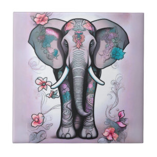 Azulejo De Cerâmica Elefante Indiano cinza Incorporado com Flores