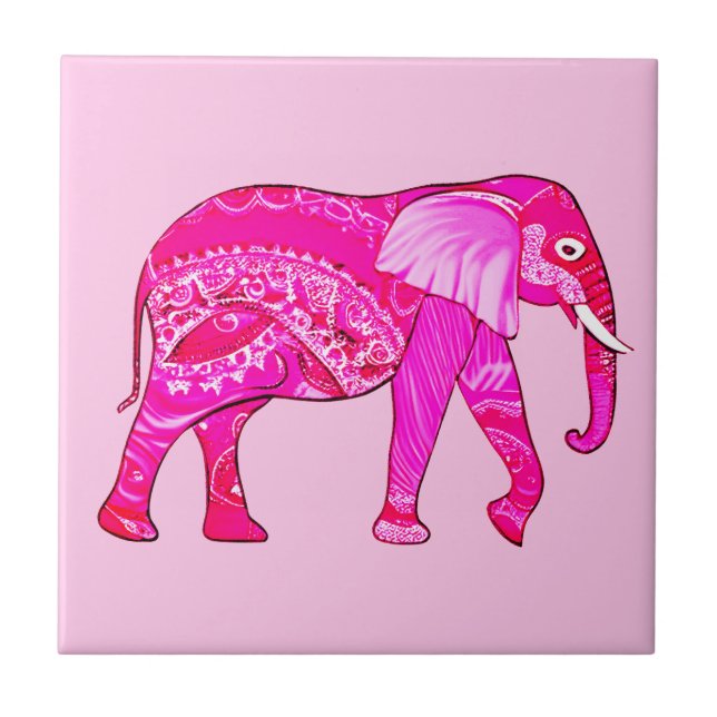 Azulejo De Cerâmica Elefante Indiano em um Patterno Árabe Rosa da Foss (Frente)