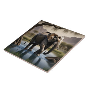 Azulejo De Cerâmica Elefante majestoso desfilando em água serena no am