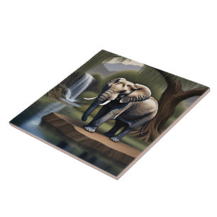 Azulejo De Cerâmica Elefante Majestoso em Oásis de Cascata Tranquila