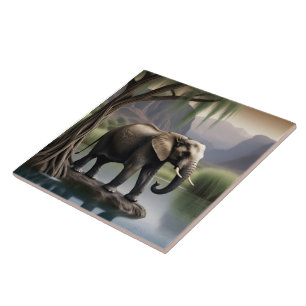 Azulejo De Cerâmica Elefante Majestoso no Tranquil Lakeside Dawn