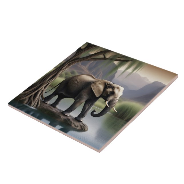 Azulejo De Cerâmica Elefante Majestoso no Tranquil Lakeside Dawn (Lateral)