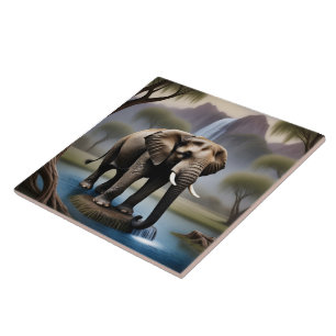 Azulejo De Cerâmica Elefante majestoso por queda d'água tranquila em D