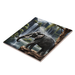 Azulejo De Cerâmica Elefante Majestoso por Serene Waterfall no amanhec