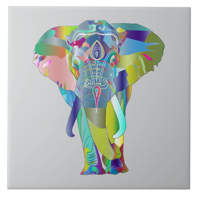 Azulejo De Cerâmica Elefante Mandala de Cores Vibrantes (Frente)