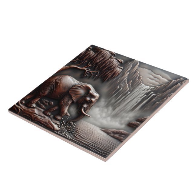 Azulejo De Cerâmica Elefante por cachoeira em Alivio esculpido (Lateral)