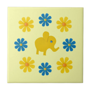 Azulejo De Cerâmica Elefante primavera amarelo, flores amarelas, azuis
