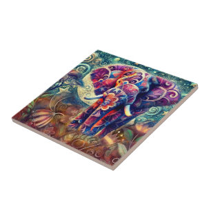 Azulejo De Cerâmica Elefante Whimssso na Noite Azul Estrelas Roxas Lua