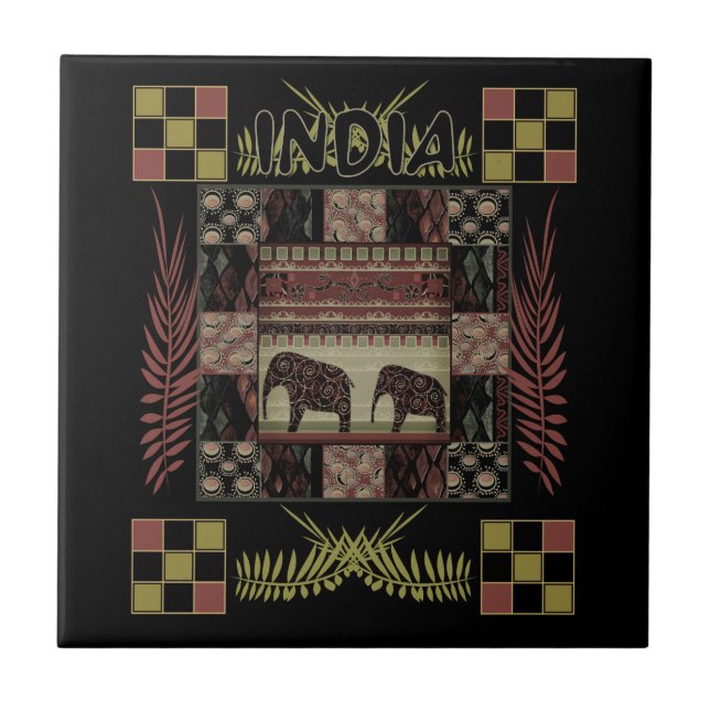 Azulejo De Cerâmica Elefantes de mantas étnicas da Índia (Frente)