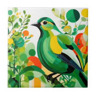 Azulejo De Cerâmica Elegância Aviária, Pássaro Abstrato Verde No Ramal