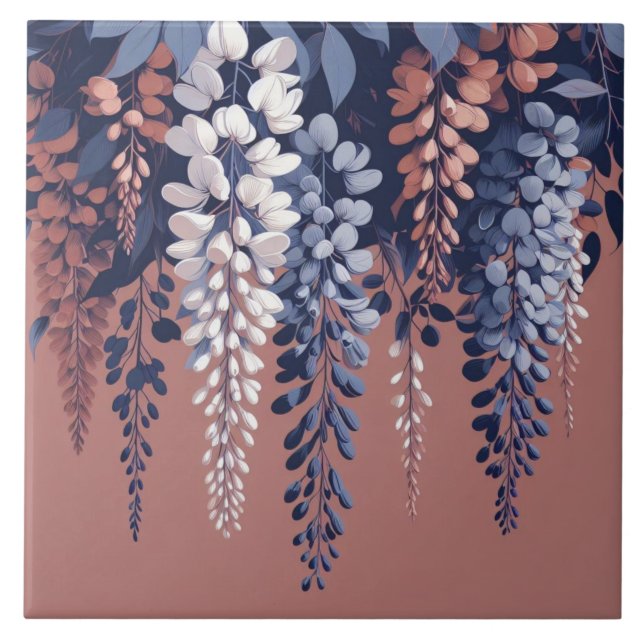Azulejo De Cerâmica Elegância de Wisteria de marinho e Rosa (Frente)