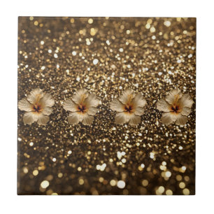 Azulejo De Cerâmica Elegância do ouro: Dourado Shimmer Hibiscus