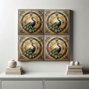 Azulejo De Cerâmica Elegância Dourada Pavão Majestoso Arte Deco Pena