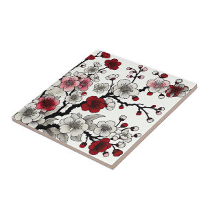 Azulejo De Cerâmica Elegância Flor de Cerejeira Vermelha - Flora Inspi