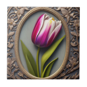 Azulejo De Cerâmica Elegância Fluente: Tulipa Rosa no Design Art Nouve