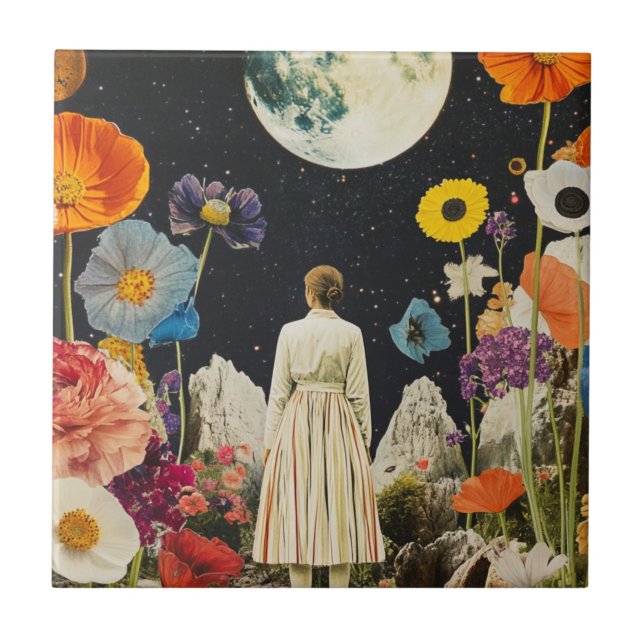 Azulejo De Cerâmica Elegância Lua - Visão Traseira da Mulher com Lua 3 (Frente)