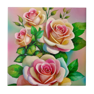 Azulejo De Cerâmica Elegância Rosas Rosa e Amarelo Aquarela Pastel