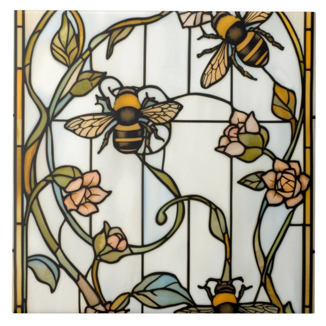 Azulejo De Cerâmica Elegant art nouveau botanical  bee stain glass (Frente)