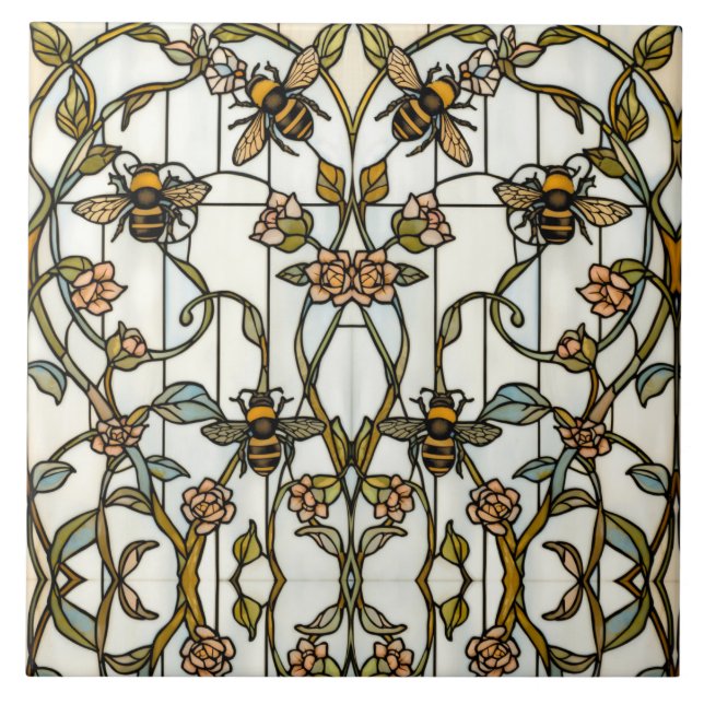 Azulejo De Cerâmica Elegant art nouveau botanical  bee stain glass (Frente)