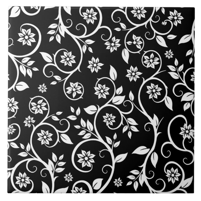 Azulejo De Cerâmica Elegant black &white floral pattern  (Frente)