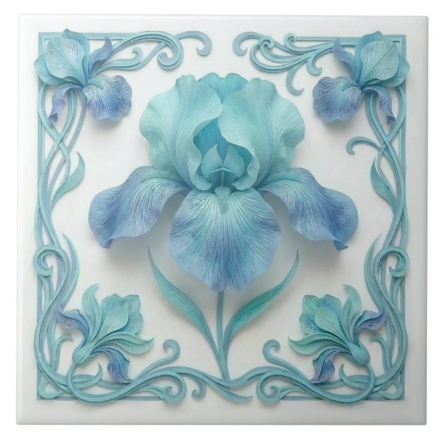 Azulejo De Cerâmica Elegant Blue Art Deco Stylized Lilies (Frente)