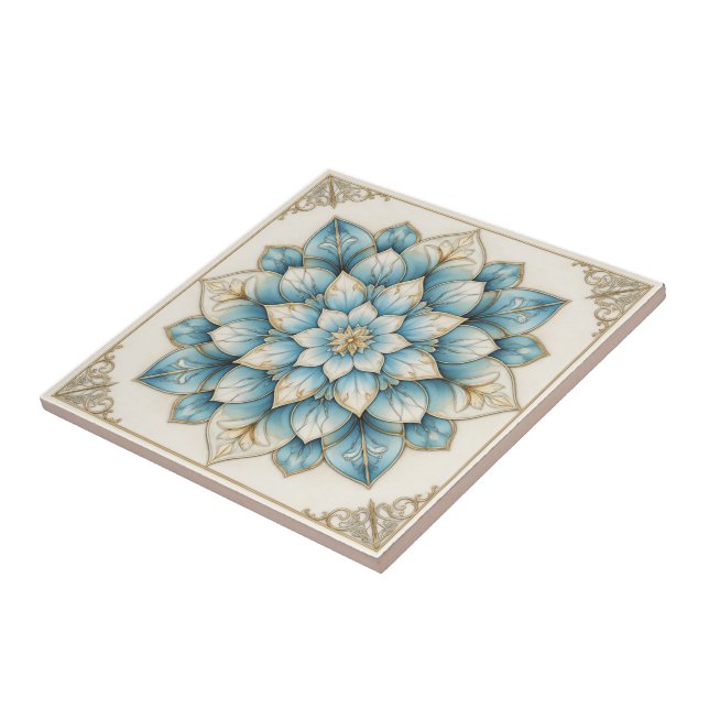 Azulejo De Cerâmica Elegant Blue Gold Floral Mandala Ceramic Tile (Lateral)