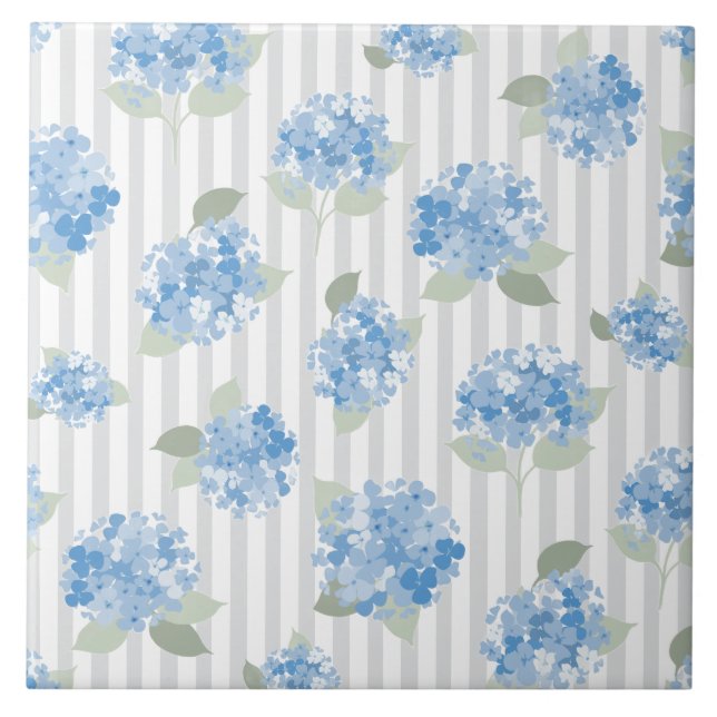 Azulejo De Cerâmica Elegant Blue Hydrangea Pattern Gray Stripe  (Frente)