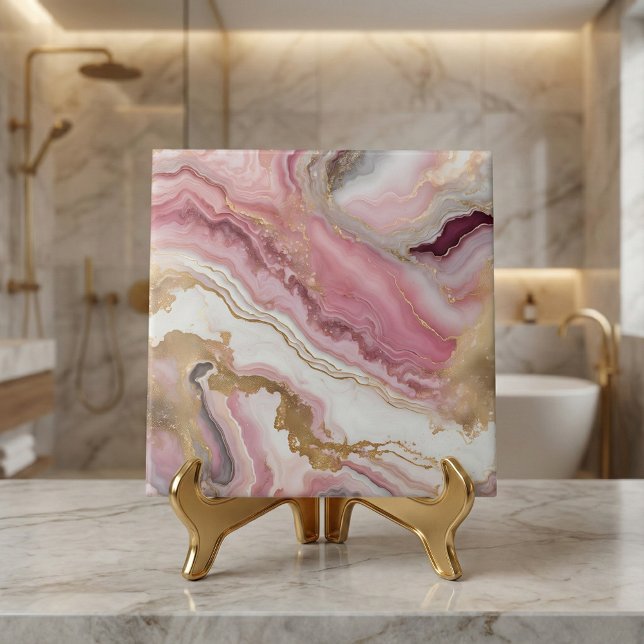 Azulejo De Cerâmica Elegant Blush Pink Rose Gold & White Agate Marble (Criador carregado)