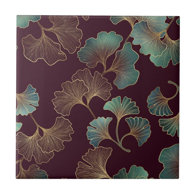 Azulejo De Cerâmica Elegant Ginkgo Leaf in Burgundy and Teal (1) (Frente)