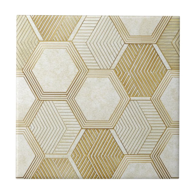 Azulejo De Cerâmica Elegant Gold Hexagon Geometric Pattern - Marble 2 (Frente)