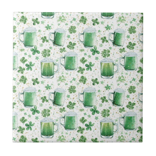 Azulejo De Cerâmica Elegant Green Beer Mugs and Shamrocks White (Frente)