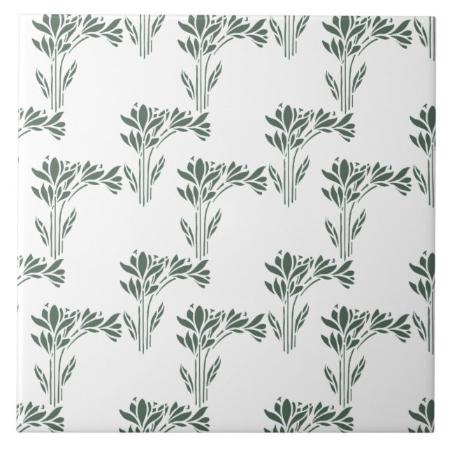 Azulejo De Cerâmica Elegant Grey-Green Botanical Pattern  (Frente)