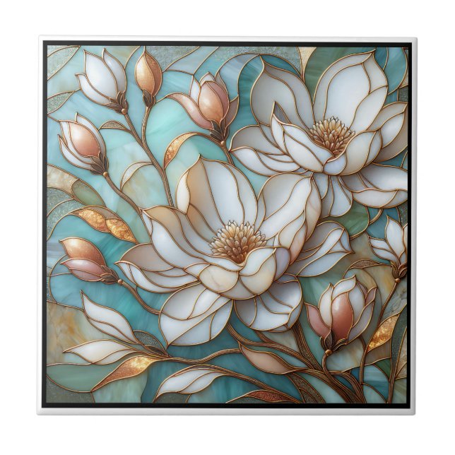 Azulejo De Cerâmica Elegant Magnolia Stained Glass Floral Mosaic Art (Frente)