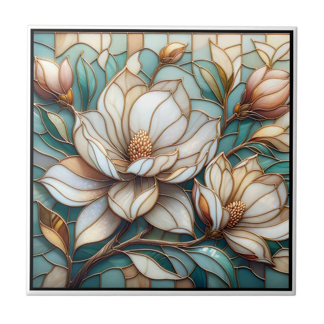 Azulejo De Cerâmica Elegant Magnolia Stained Glass Floral Mosaic Art (Frente)