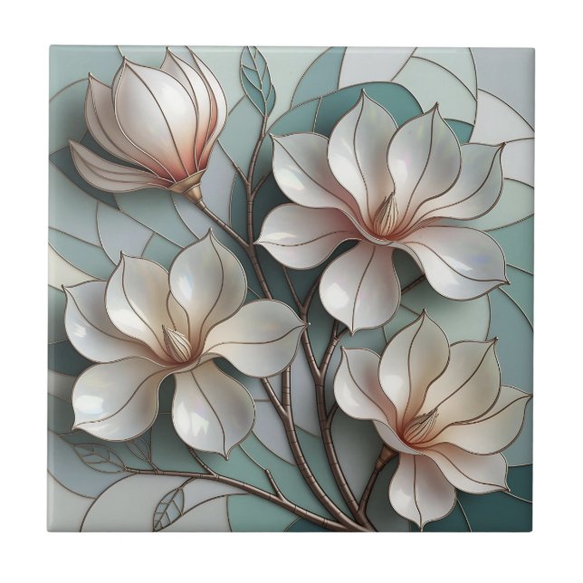Azulejo De Cerâmica Elegant Magnolia Stained Glass Floral Mosaic Art (Frente)