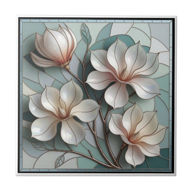 Azulejo De Cerâmica Elegant Magnolia Stained Glass Floral Mosaic Art (Frente)