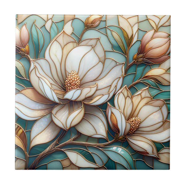 Azulejo De Cerâmica Elegant Magnolia Stained Glass Floral Mosaic Art (Frente)