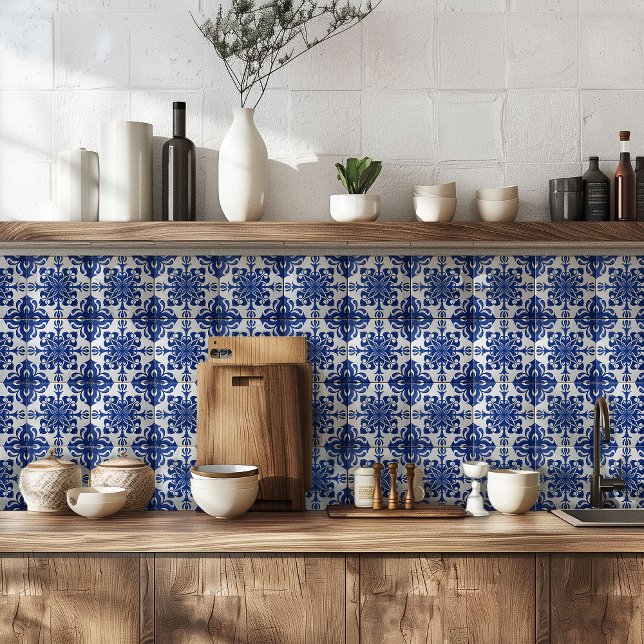 Azulejo De Cerâmica Elegant Mediterranean Navy Blue White Pattern (Criador carregado)