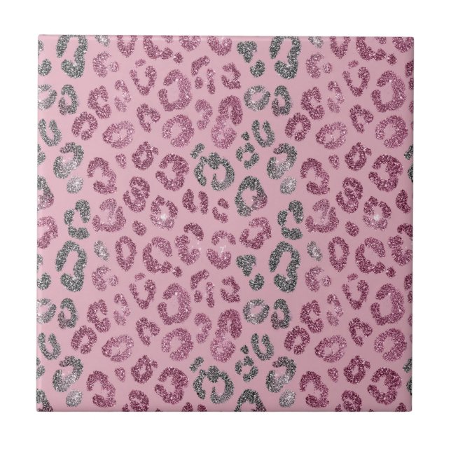 Azulejo De Cerâmica Elegant Pink Silver Glitter Leopard on Rose Gold (Frente)