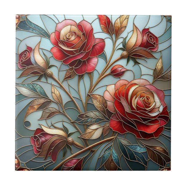 Azulejo De Cerâmica Elegant Red Rose Stained Glass Floral Gold Accent  (Frente)