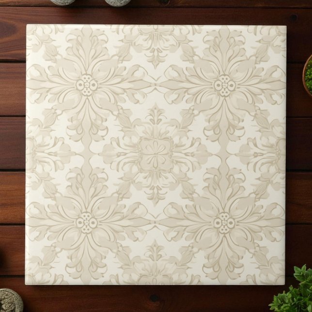 Azulejo De Cerâmica Elegant Simple Soft Beige Damask (Criador carregado)
