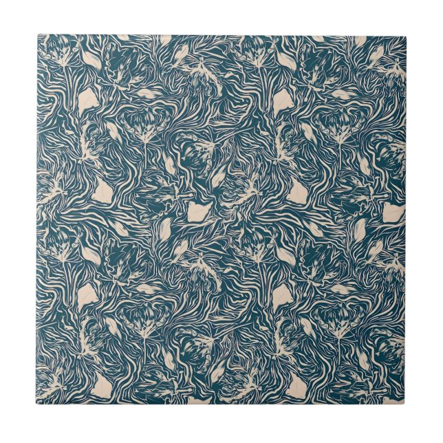 Azulejo De Cerâmica Elegant Teal Botanical Swirl Seamless Pattern (Frente)