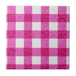 Azulejo De Cerâmica Elegant Valentine Pink Glitter Tartan on White