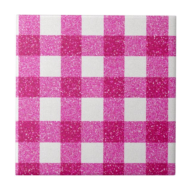Azulejo De Cerâmica Elegant Valentine Pink Glitter Tartan on White (Frente)
