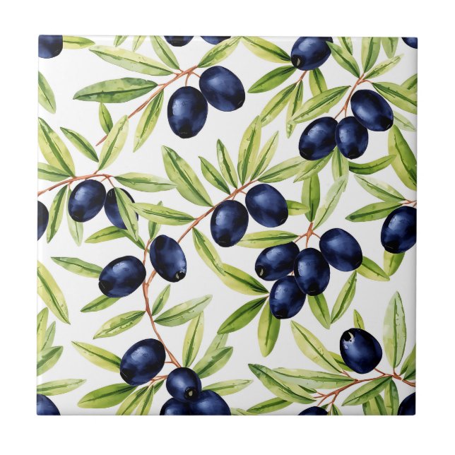 Azulejo De Cerâmica Elegant Watercolor Black Olives Seamless Pattern  (Frente)