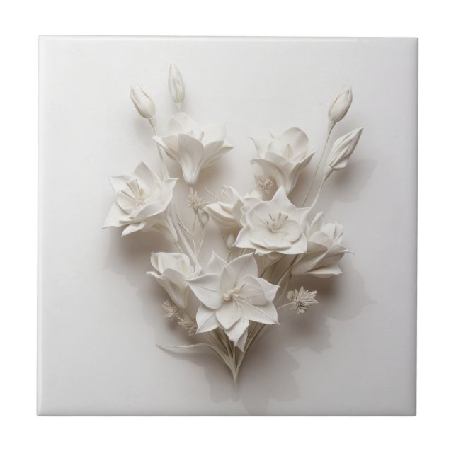 Azulejo De Cerâmica Elegant White Faux Relief Flowers (Frente)