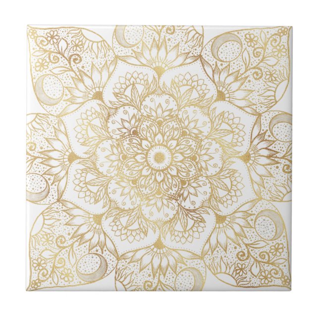 Azulejo De Cerâmica Elegant White Gold Mandala Floral  (Frente)
