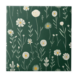 Azulejo De Cerâmica Elegant Wildflower Pattern on Dark Green 