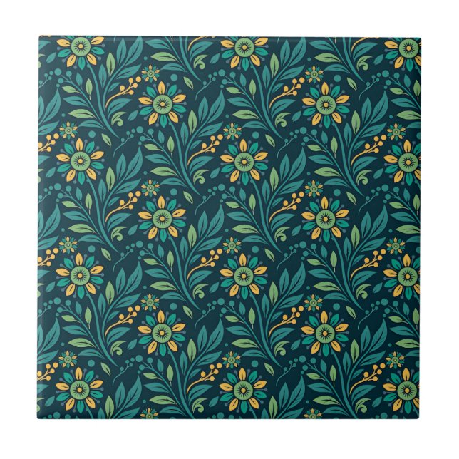 Azulejo De Cerâmica Elegant Yellow and Teal Floral Pattern Design (Frente)