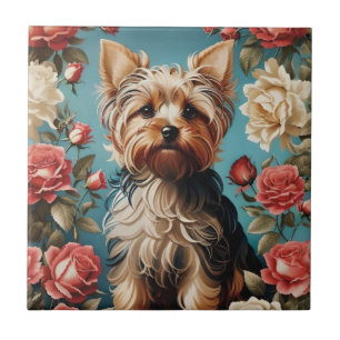 Azulejo De Cerâmica Elegant Yorkshire Terrier Portrait Rosa Garden